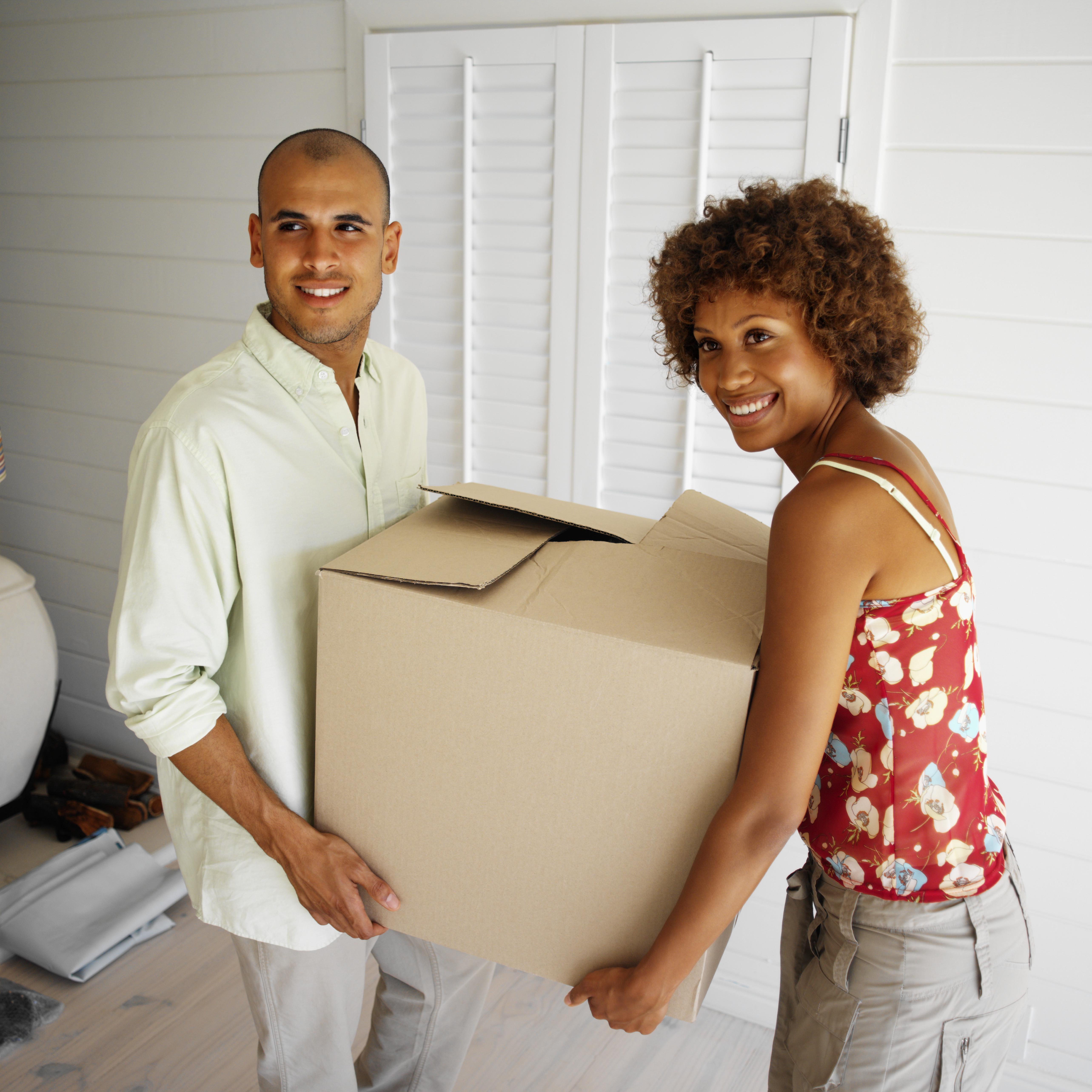 Young couple carrying a cardboard box