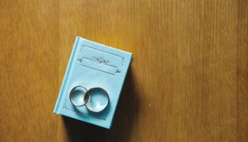 High Angle View Of Wedding Rings On Box