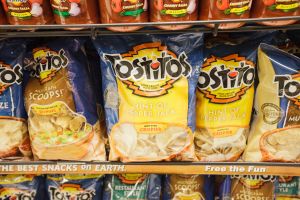 Snack chips on a supermarket shelf