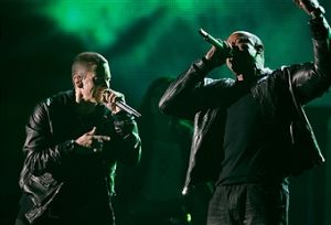Eminem and Dr. Dre, right, perform at the 53rd Annual Grammy Awards held at the Staples Center on F