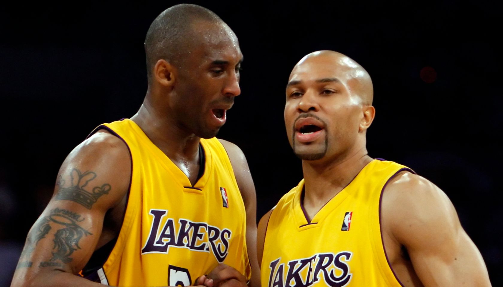 (Los Angeles, CA  Wednesday, May 27, 2009) Lakers teammates Derek Fisher, right, and Kobe Bryant s