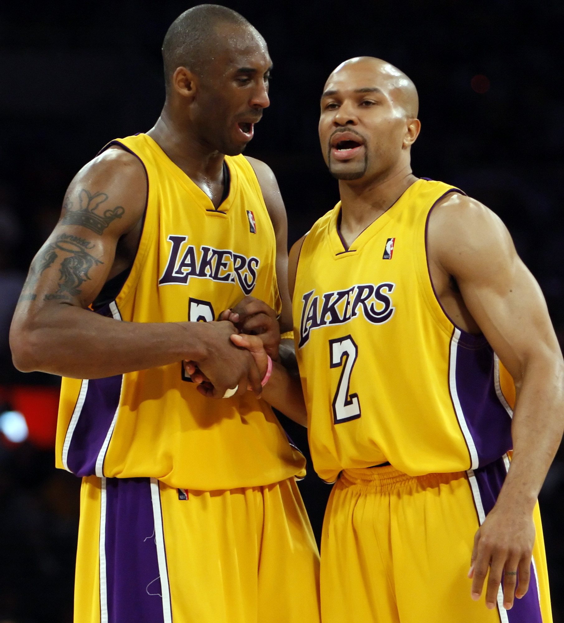 (Los Angeles, CA  Wednesday, May 27, 2009) Lakers teammates Derek Fisher, right, and Kobe Bryant s
