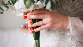 Bride holding wedding bouquet with wedding ring on her hand