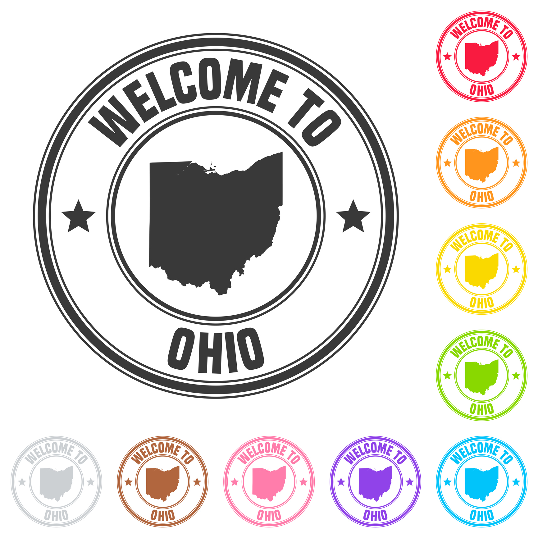 Welcome to Ohio stamp - Colorful badges on white background