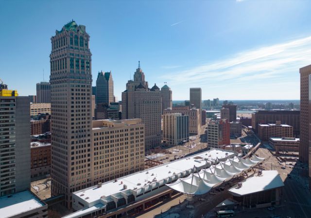 Aerial view of Detroit city with Book tower Michigan USA