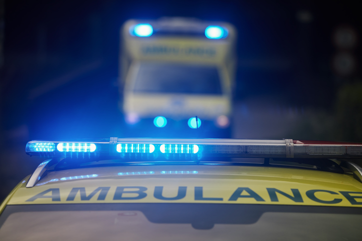 Two ambulances of emergency medical service on road