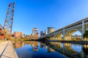 Cleveland skyline view from the boardwalk of Heritage Park in the morning - Cleveland, Ohio, USA.