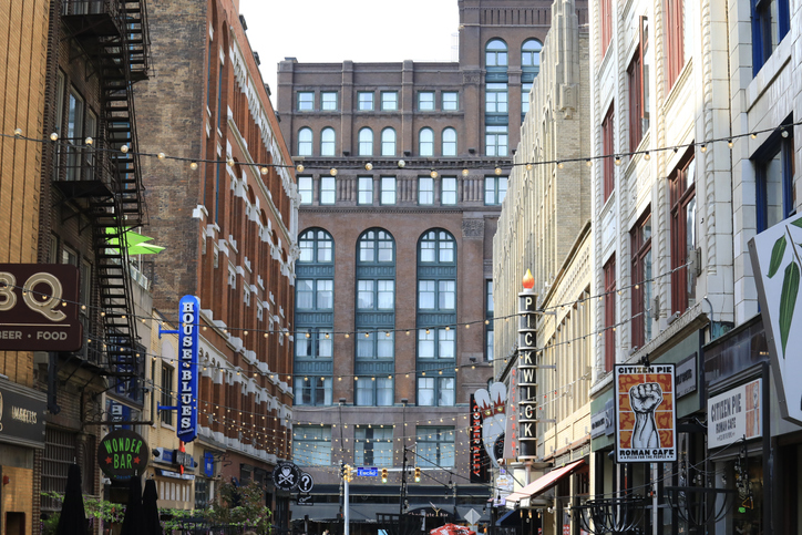 Busy businesses on a old downtown alley