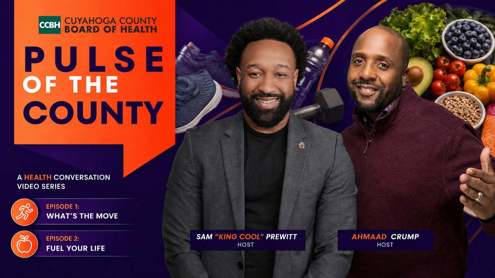 Two men, one with a beard and one with a mustache, standing in front of a graphic that says "Pulse of the County" and features various healthy foods.