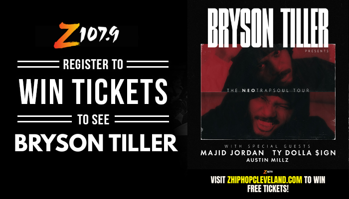 Poster advertising a concert tour by Bryson Tiller, with details about the "Neo Trap Soul Tour" and special guests Majid Jordan, Ty Dolla $ign, and Austin Milz.