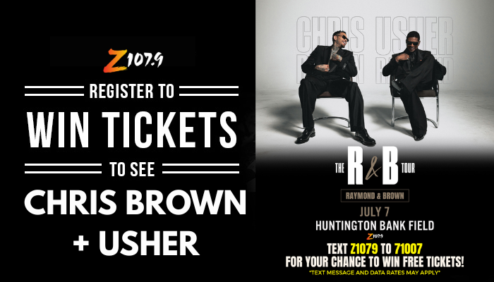 Two men in black suits sitting in chairs, with text "CHRIS USHER" and "THE R&B TOUR" displayed.
