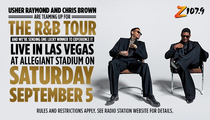 Usher Raymond and Chris Brown seated together, promoting their R&B tour and a chance to win a trip to see them perform live in Las Vegas on September 5.