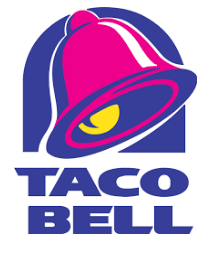 Taco Bell logo with a pink bell-shaped icon against a blue background.