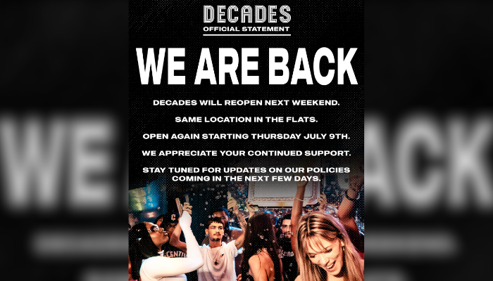 Decades official statement: "We are back" - Crowd of people celebrating the reopening of Decades nightclub in the Flats, with text overlay.