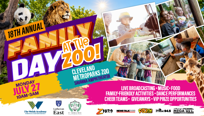 18th Annual Family Day at the Cleveland Metroparks Zoo, featuring live broadcasting, music, food, dance performances, cheer teams, and giveaways.