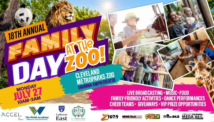 18th Annual Family Day at the Cleveland Metroparks Zoo, featuring live broadcasting, music, food, family-friendly activities, cheer teams, and giveaways.