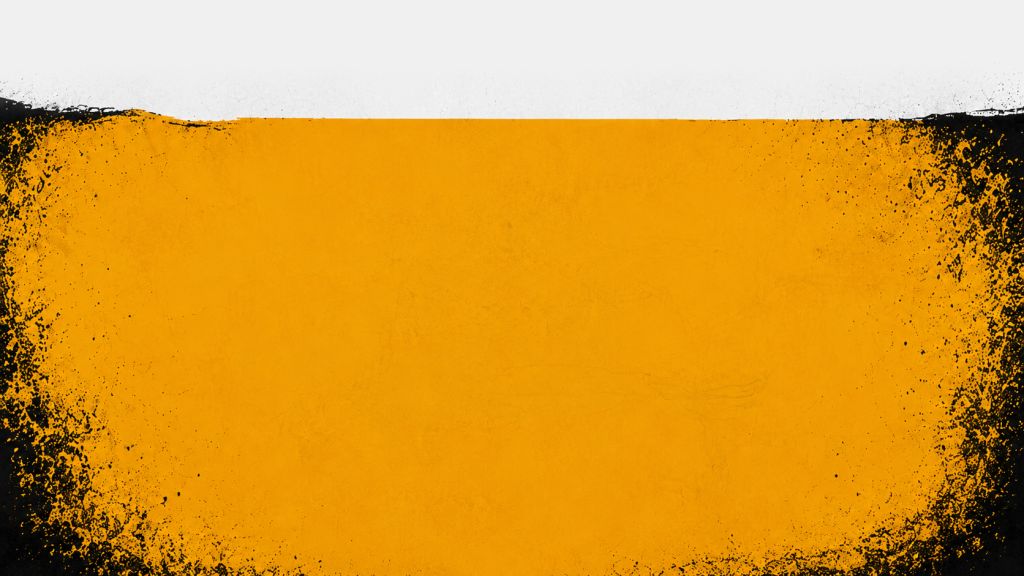 Vibrant orange background with black grunge border and splatters.