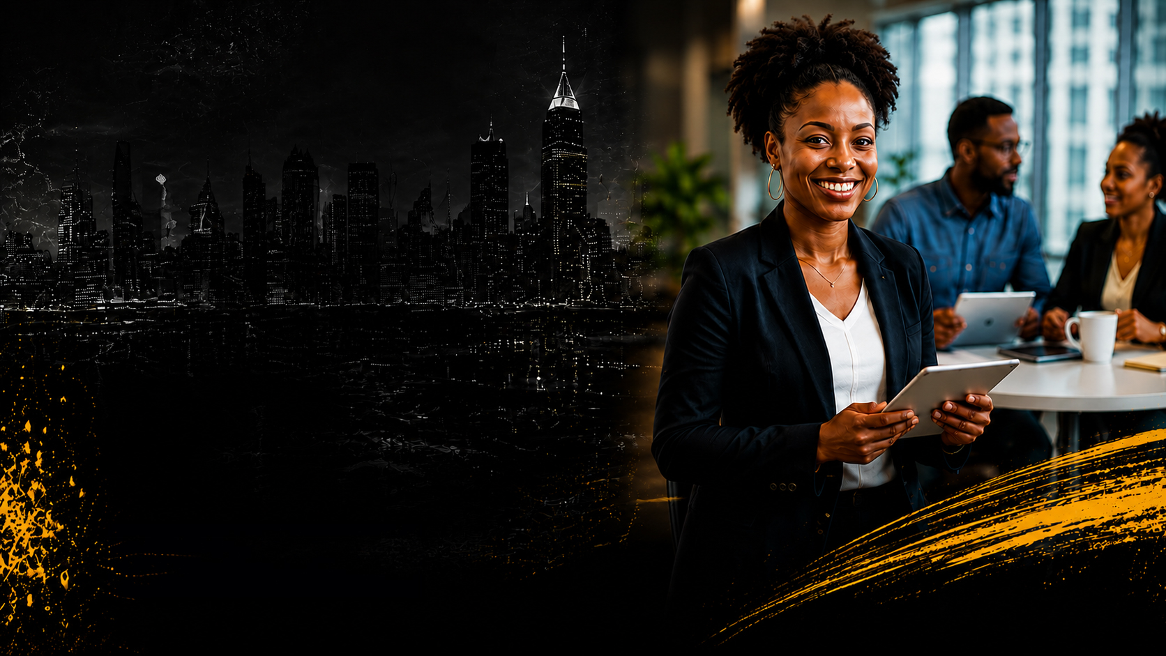A smiling woman in a business suit holding a tablet in an office setting, with a cityscape visible in the background.