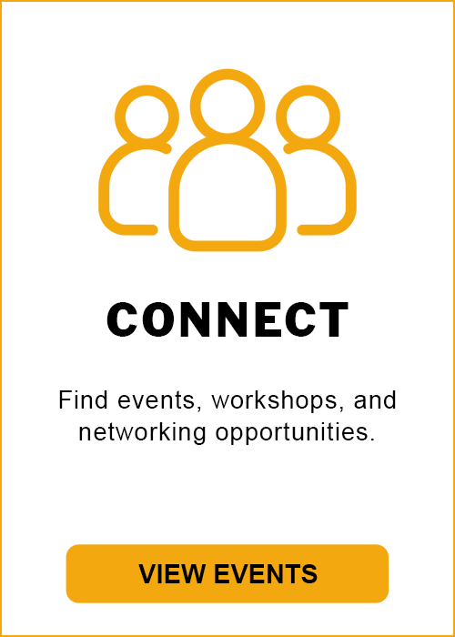 Three stylized human silhouettes. Text reads "CONNECT Find events, workshops, and networking opportunities." Below is a "VIEW EVENTS" button.