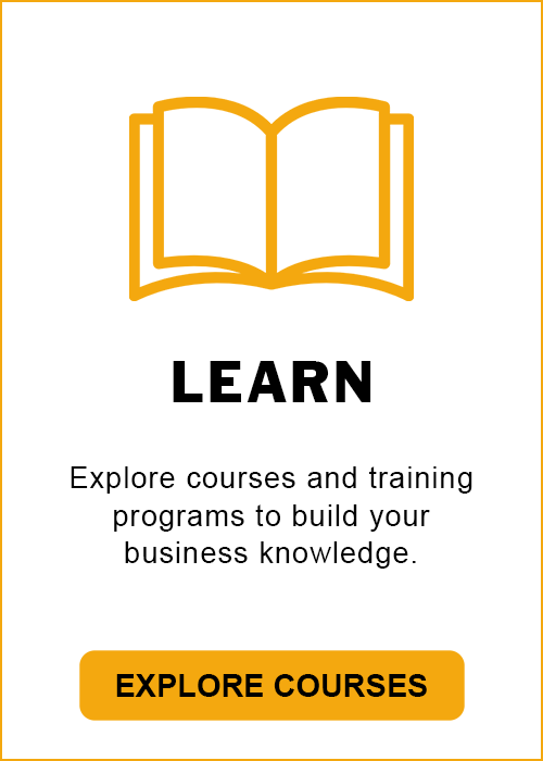 Open book icon with the text "LEARN - Explore courses and training programs to build your business knowledge.