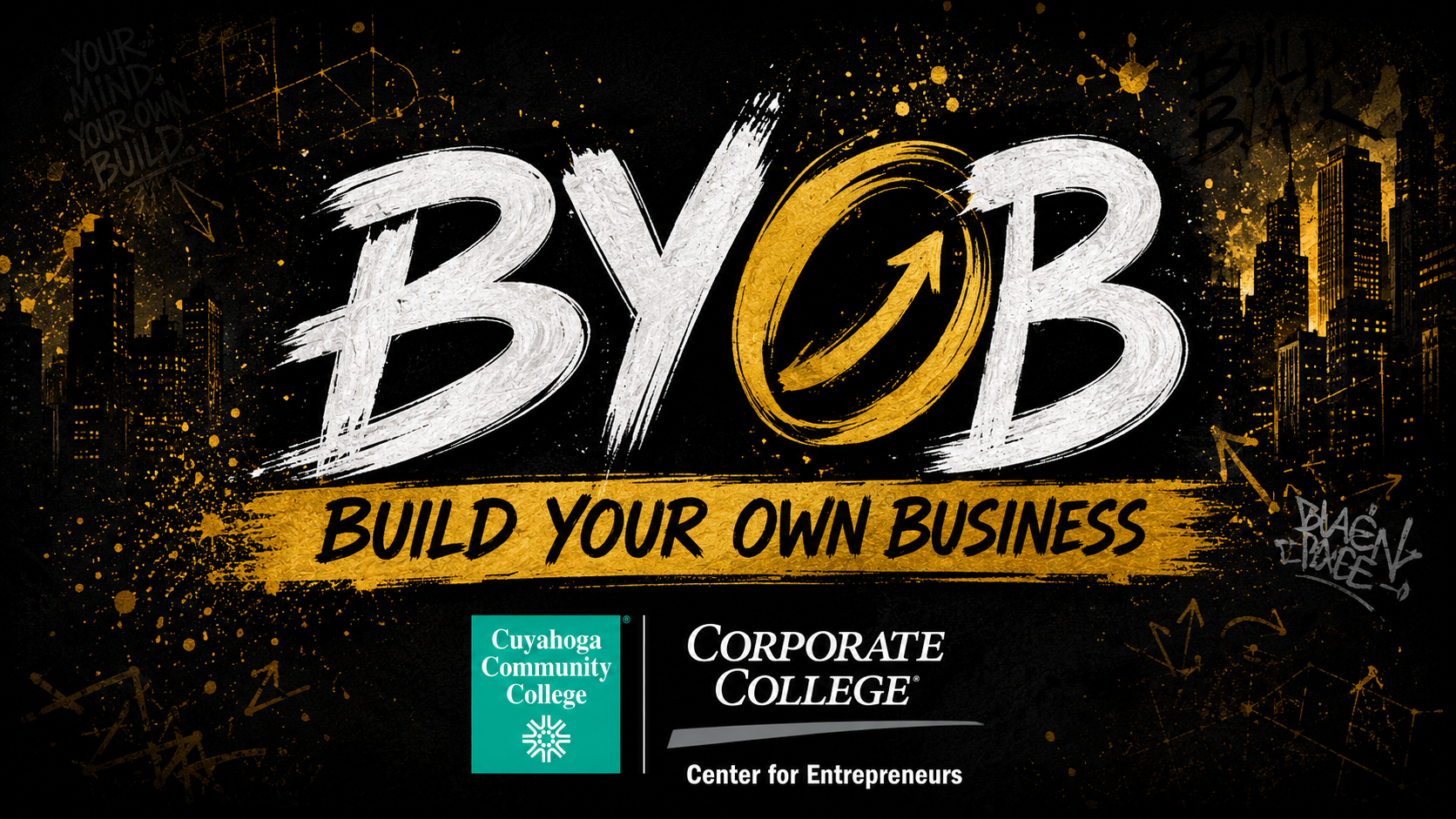 A colorful graphic with the text "BYOB - Build Your Own Business" and the Cuyahoga Community College Corporate College Center for Entrepreneurs logo.