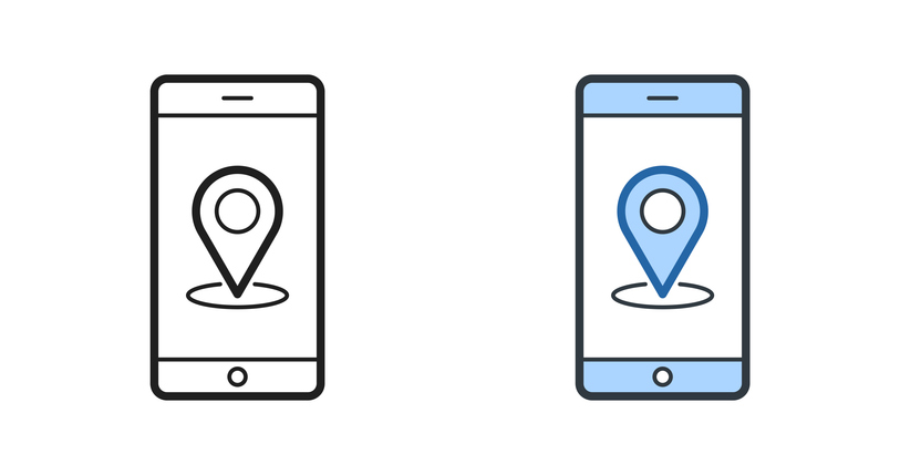 Smartphone with location pin. Icons for design - Editable stroke icon