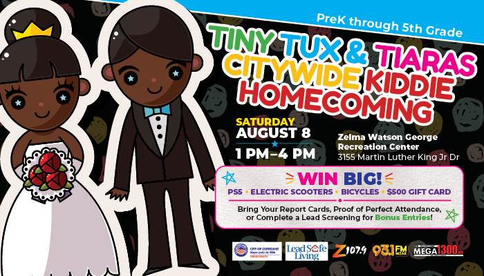 Colorful event poster for "Tiny Tux & Tiaras Citywide Kiddie Homecoming" on August 8, featuring illustrations of two young children in formal attire and text promoting prizes and giveaways.