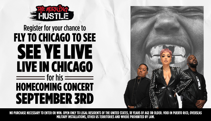 The Morning Hustle logo and text promoting a chance to fly to Chicago for a See Ye live concert on September 3rd. Three people, likely the musical group See Ye, are shown in a black and white portrait.