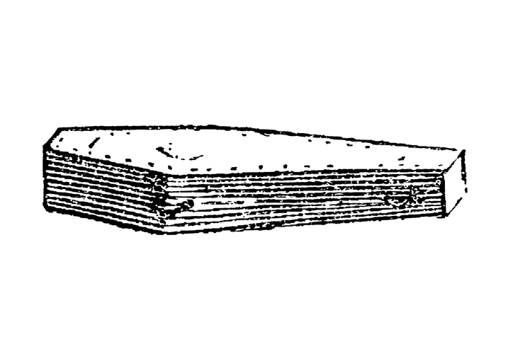 Layered rectangular coffin with decorative bands and handles, old vintage illustration, 1897.