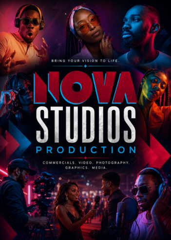 A group of people with colorful lighting and headphones, with the text "Nova Studios Production" prominently displayed.