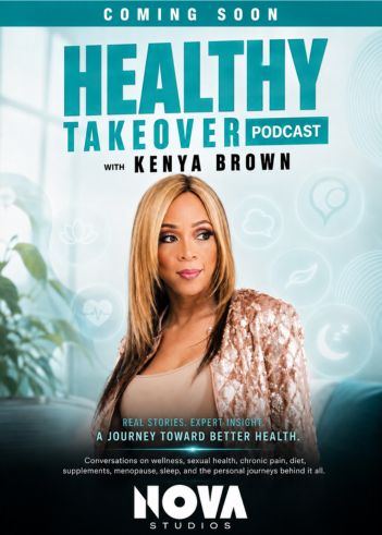 A woman with long blonde hair wearing a sequined jacket stands in front of a teal background with the text "HEALTHY TAKEOVER PODCAST WITH KENYA BROWN" and "NOVA STUDIOS" visible.
