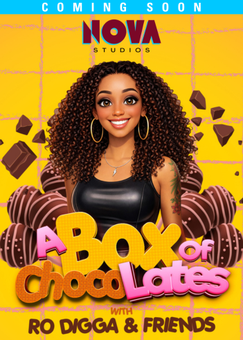 A colorful movie poster for "A Box of Chocolate Lates" featuring a smiling woman with curly brown hair against a yellow background with chocolate pieces.
