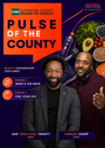 Two men, one with a beard, standing in front of a backdrop with the text "Pulse of the County" and various health-related icons.