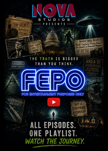 A collage of conspiracy-themed imagery, including a "Top Secret" document, the U.S. Capitol building, and the text "FEPO: For Entertainment Purposes Only" in neon lights.