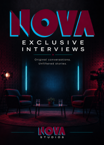 Nova Exclusive Interviews logo on a dark background with chairs and lighting fixtures.