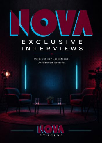 Nova Exclusive Interviews logo on a dark background with chairs and lighting fixtures.
