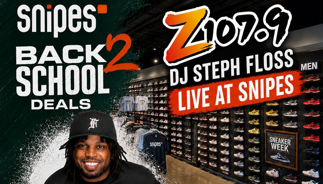 A smiling man wearing a black shirt and cap stands in front of a Snipes shoe store display advertising "Back 2 School Deals" and a DJ Steph Floss live event on August 15th.
