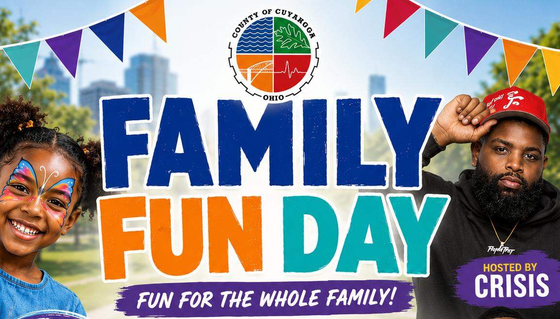 Colorful event poster for "Family Fun Day" in Public Square, featuring activities, free school supplies, music by DJ EL, and hosted by Crisis.