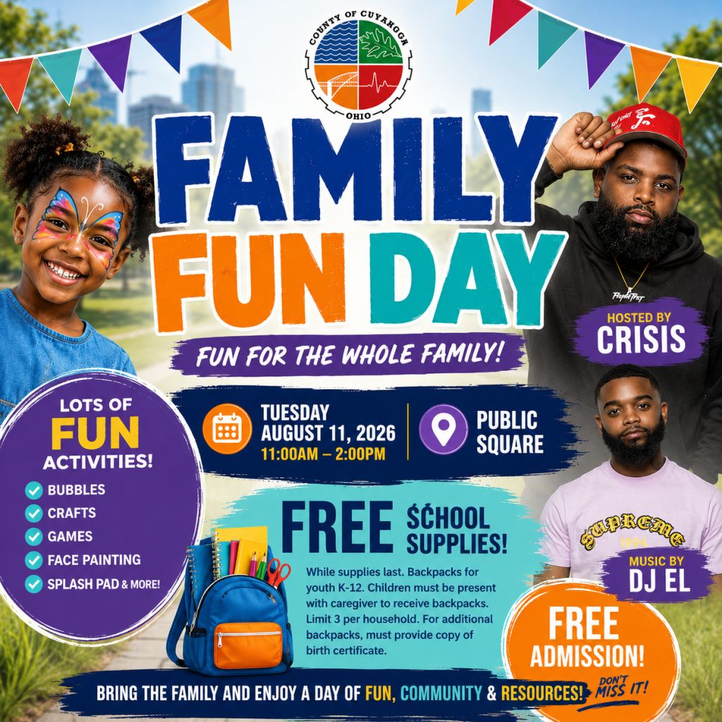 Colorful event poster for "Family Fun Day" with activities, free school supplies, and music by DJ El. Hosted by Crisis in Public Square on August 11, 2026.
