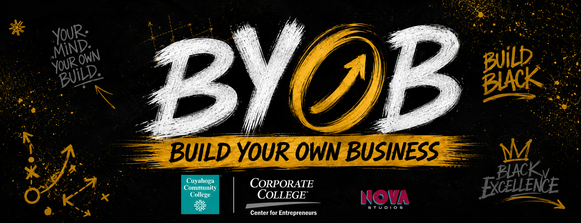 A black and gold graphic with the text "BYOB - Build Your Own Business" and logos for Cuyahoga Community College, Corporate College, and NOVA Studios.