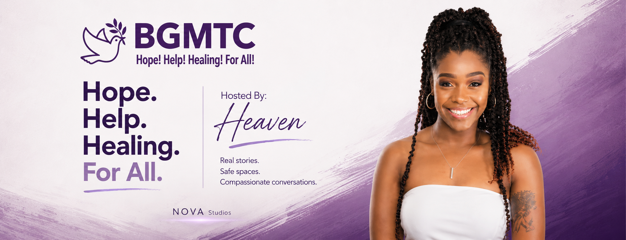 A smiling woman with braided hair wearing a white top, standing in front of a purple and white background with the text "BGMTC: Hope. Help. Healing. For All." and "Hosted By: Heaven - Real stories. Safe spaces. Compassionate conversations.
