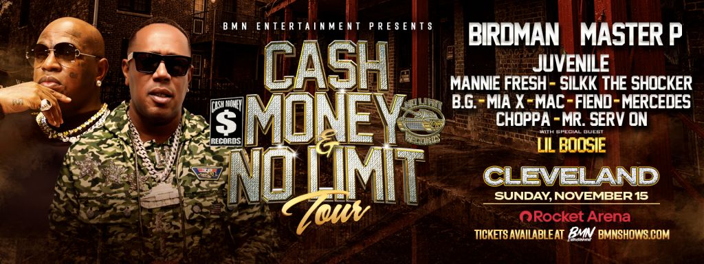 Promotional poster for "Cash Money No Limit Tour" featuring Birdman, Master P, Juvenile, and other hip-hop artists performing in Cleveland on November 15.