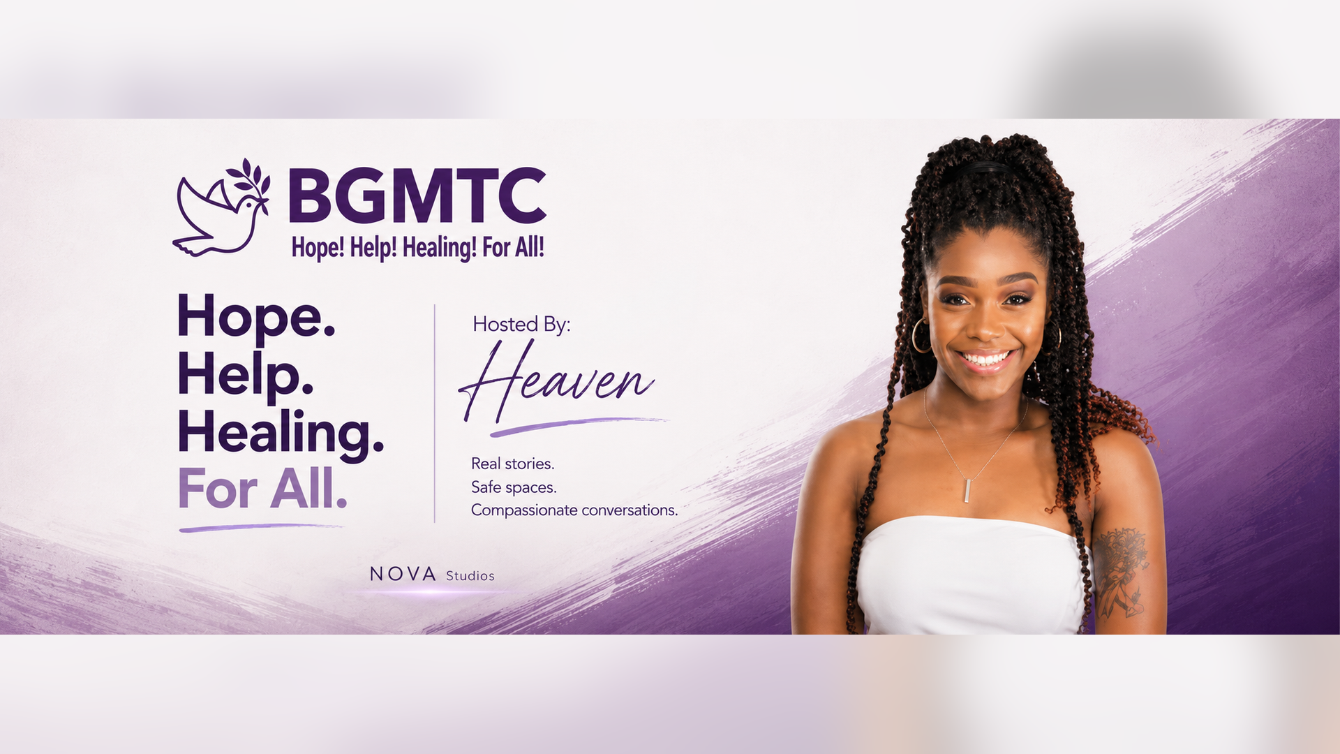 A smiling woman with braided hair in a white top, standing in front of a purple and white background with the text "BGMTC: Hope! Help! Healing! For All!" and "Hosted By: Heaven" displayed.