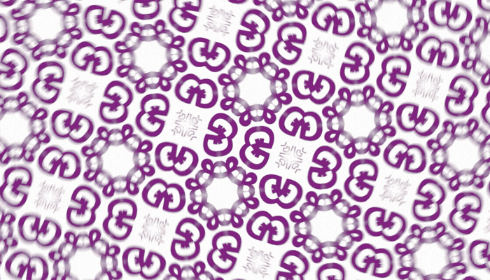Repeating purple and white abstract pattern with interlocking shapes.