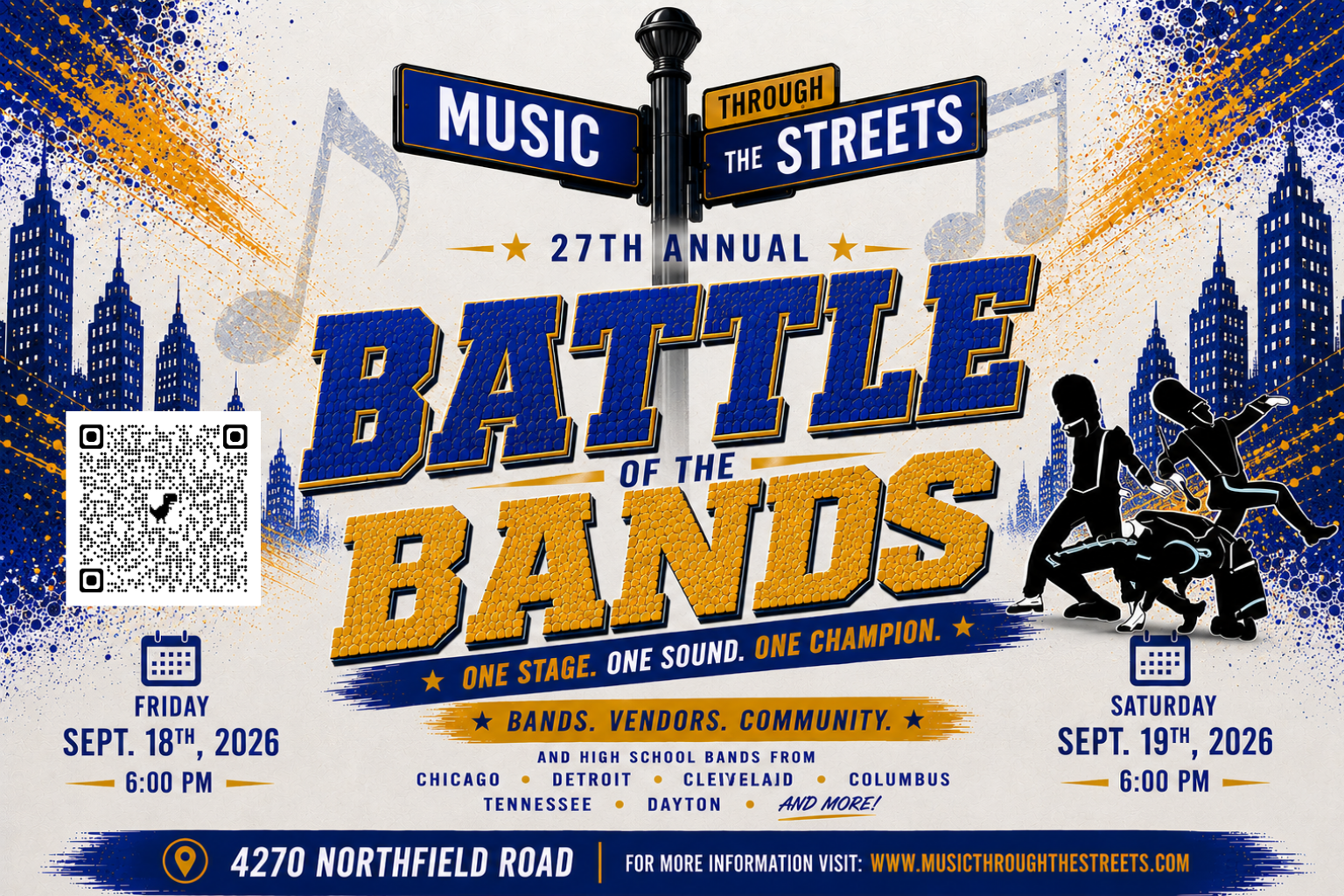 Poster for the 27th annual "Battle of the Bands" event, featuring music, vendors, and high school bands from various cities. Text includes "Music Through the Streets", event details, and a QR code.